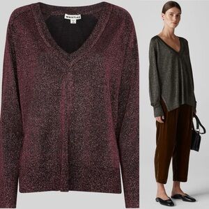 Whistles V Neck Sparkle Knit Sweater Burgundy Wine Size Small